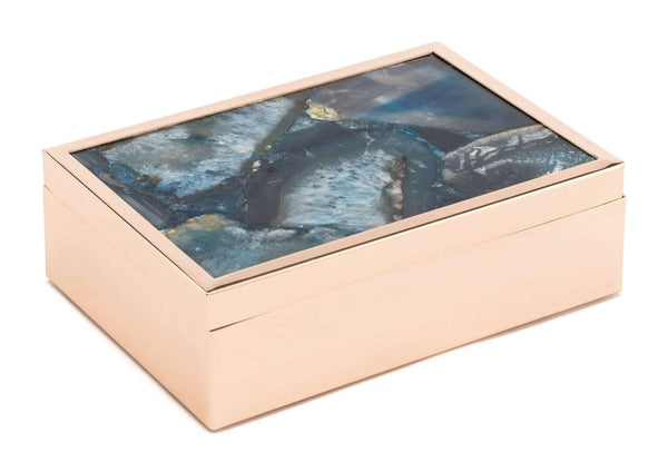 Home Decor Decorative Boxes - 7.7" x 5.3" x 2.4" Blue, Printed Glass & Steel, Stone Box Large HomeRoots