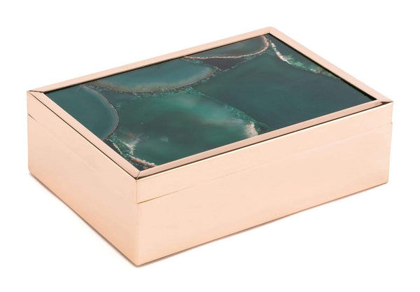 Home Decor Decorative Boxes - 7.7" x 5.3" x 2.4" Green, Printed Glass & Steel, Stone Box Large HomeRoots