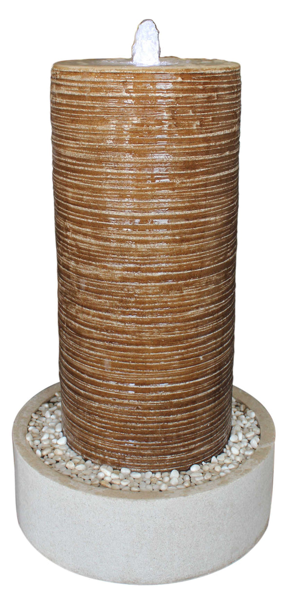 Home Decor Outdoor Decor - 1" x 19" x 32" Tan, Ribbed Column, Round Base With Pebbles - Indoor/Outdoor Fountain HomeRoots