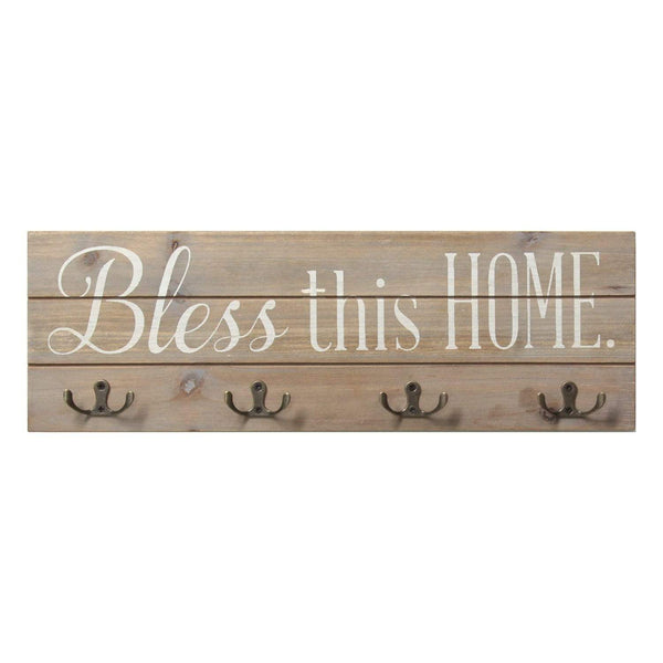 Home Decor Rustic Home Decor - 18" X 1.5" X 6" White Bless This Home Wood Hooks HomeRoots