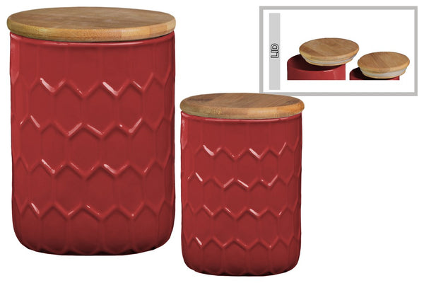 Honeycomb Pattern Ceramic Cylinder Canister with Bamboo Lid, Set of 2,Red-CANISTER SETS-Red-Ceramic-JadeMoghul Inc.