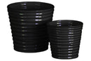 Horizontally Ribbed Patterned Ceramic Vase With Tapered Bottom, Set of 2, Black-Vases-Black-Ceramic-JadeMoghul Inc.