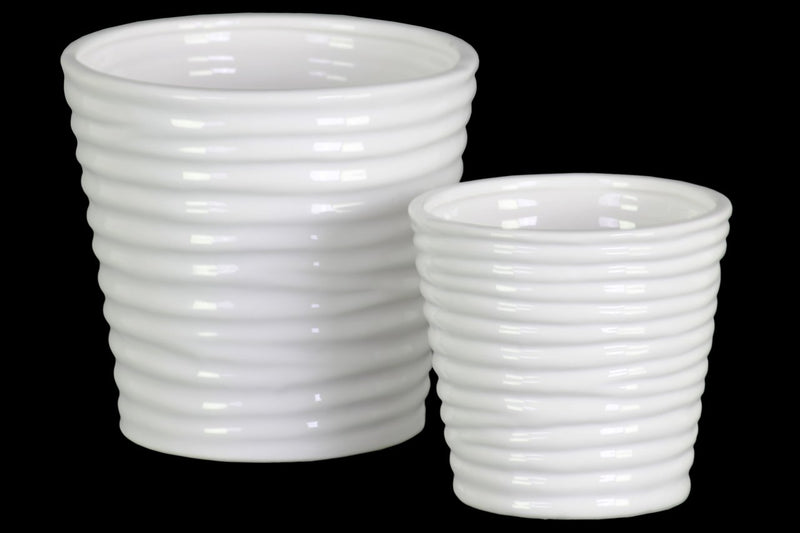 Horizontally Ribbed Patterned Ceramic Vase With Tapered Bottom, Set of 2, White-Vases-White-Ceramic-JadeMoghul Inc.