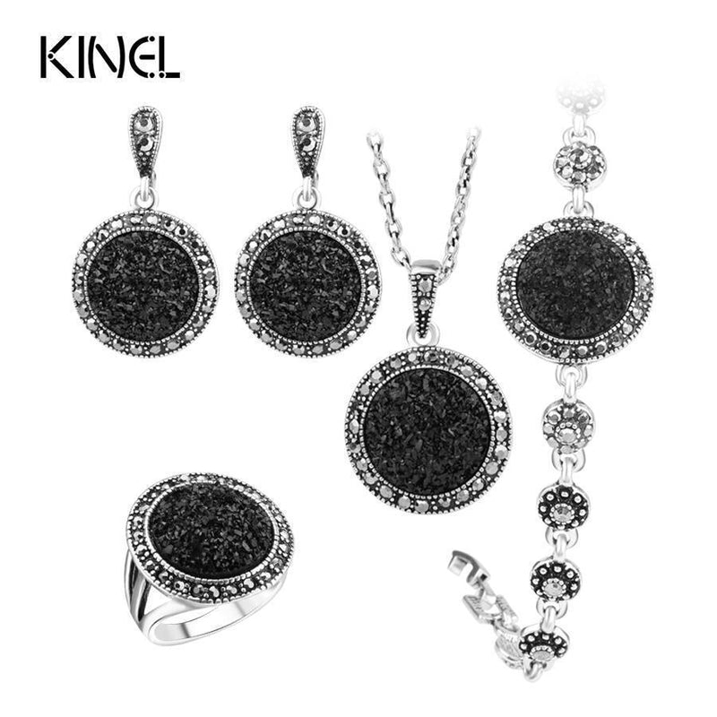 Hot 4pcs Black Broken Stone Wedding Jewelry Sets Earrings For Women Unique Bohemia Silver Plated Jewelry Engagement RingRing-Ring Size 7-Black-JadeMoghul Inc.