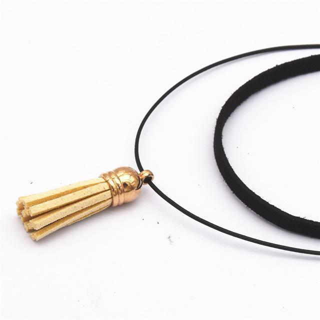 Hot Fashion Collar Torques Statement Pure Black Velvet Leather Tassel Pendant Multilayer Chokers Necklace For Women 2017 Jewelry-Beige-JadeMoghul Inc.