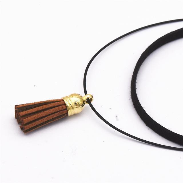 Hot Fashion Collar Torques Statement Pure Black Velvet Leather Tassel Pendant Multilayer Chokers Necklace For Women 2017 Jewelry-Brown-JadeMoghul Inc.