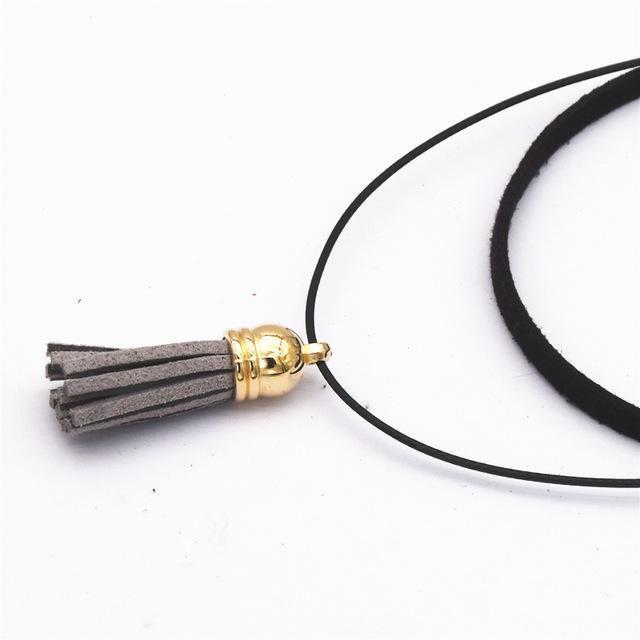 Hot Fashion Collar Torques Statement Pure Black Velvet Leather Tassel Pendant Multilayer Chokers Necklace For Women 2017 Jewelry-Gray-JadeMoghul Inc.