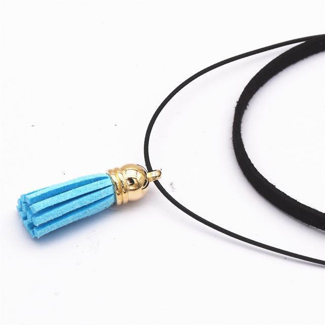 Hot Fashion Collar Torques Statement Pure Black Velvet Leather Tassel Pendant Multilayer Chokers Necklace For Women 2017 Jewelry-Lake Blue-JadeMoghul Inc.