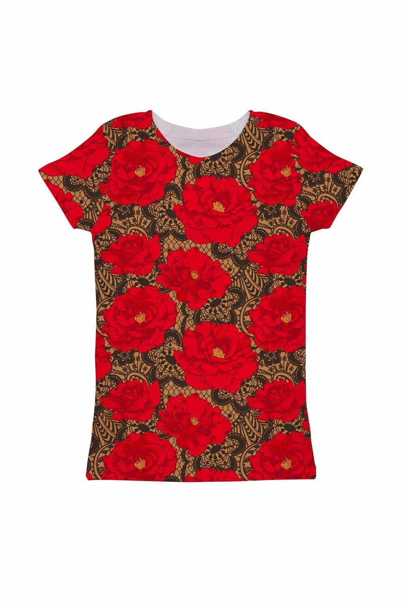 Hot Tango Zoe Red Floral Print Cute Designer T-Shirt - Girls-Hot Tango-18M/2-Red/Black/Lace-JadeMoghul Inc.