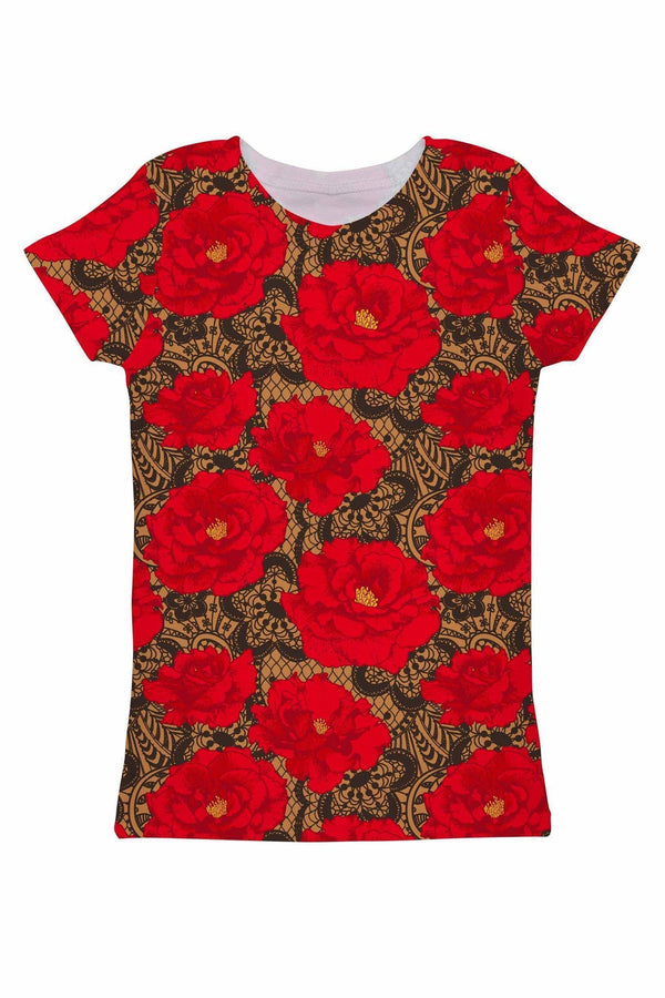 Hot Tango Zoe Red Floral Print Fancy Designer Tee - Women-Hot Tango-XS-Red/Black/Lace-JadeMoghul Inc.