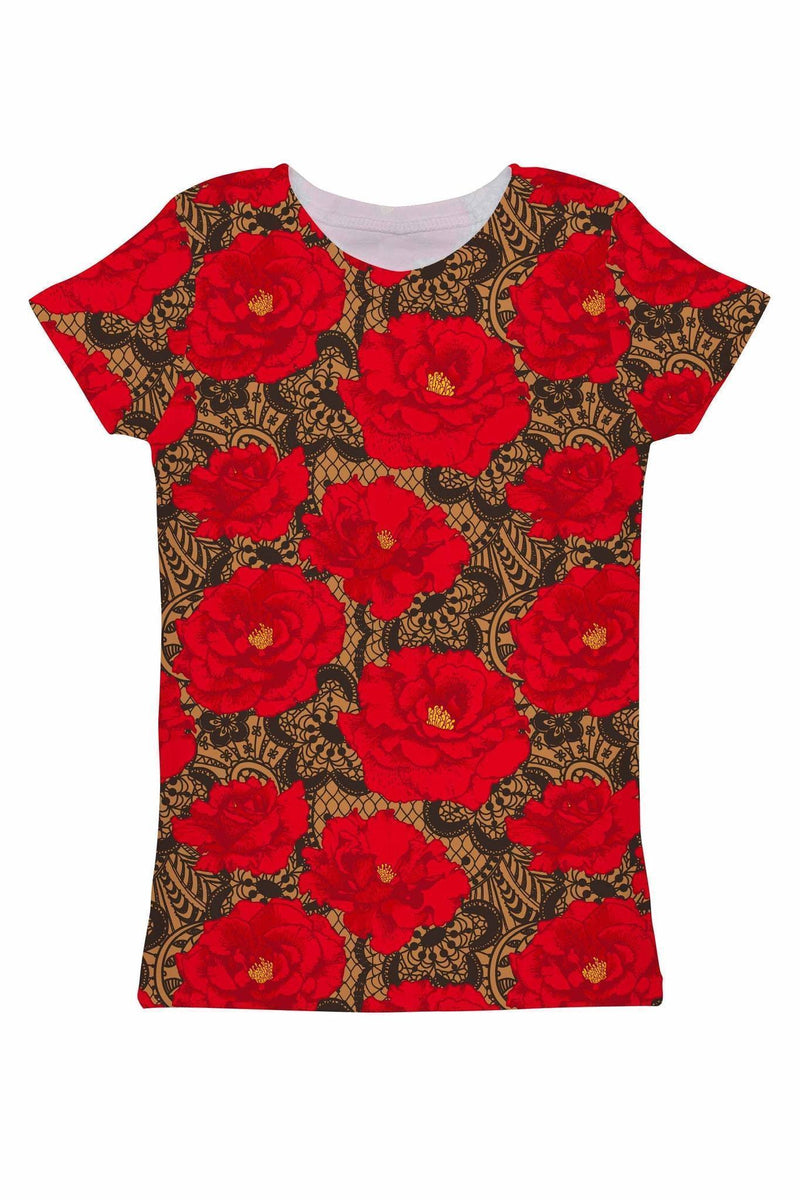 Hot Tango Zoe Red Floral Print Fancy Designer Tee - Women-Hot Tango-XS-Red/Black/Lace-JadeMoghul Inc.
