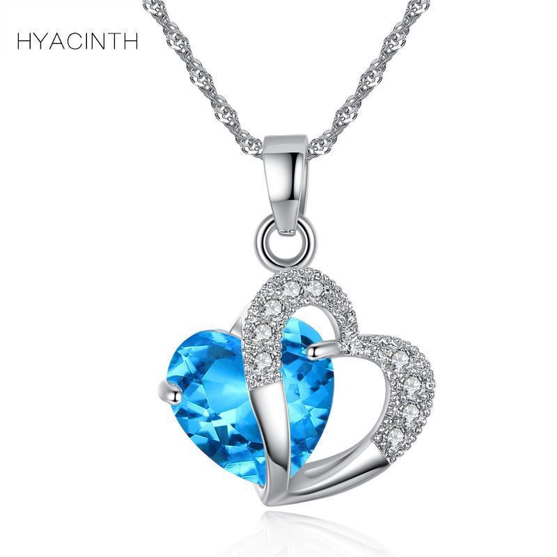 HYACINTH Elegant Shining Crystal Hollow Heart Pendant Necklace Fashion Blue Stone Heart Necklace Jewelry Wedding Party Accessory-Blue-JadeMoghul Inc.