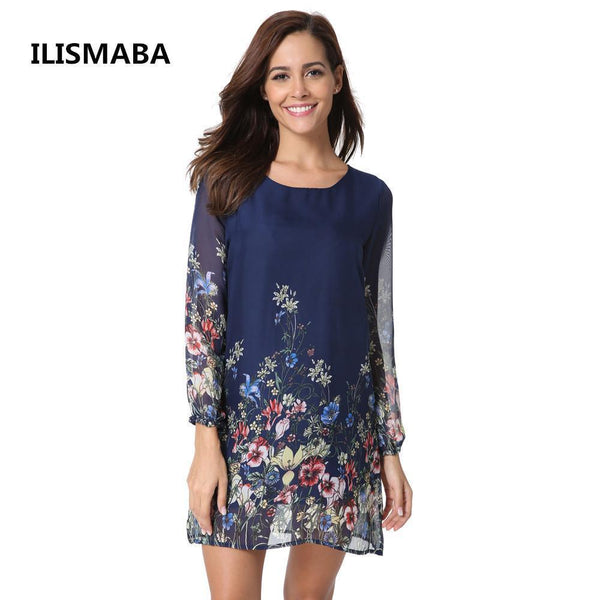 ILISMABA Fall The New Ms Fashion Harajuku Chiffon Long Sleeve Dresses Printing Floral Pattern High Quality Women Brands Dresses-L-JadeMoghul Inc.