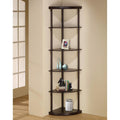 Illuminating corner bookcase with five pie-shaped shelves, Brown-Book Cases-dark brown-WOOD SOLIDS-JadeMoghul Inc.