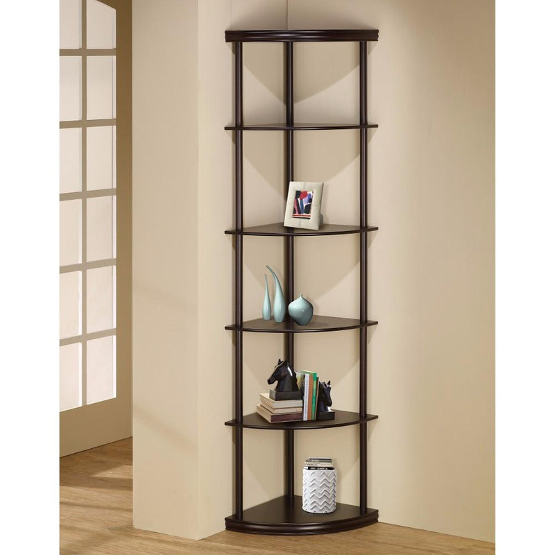 Illuminating corner bookcase with five pie-shaped shelves, Brown-Book Cases-dark brown-WOOD SOLIDS-JadeMoghul Inc.