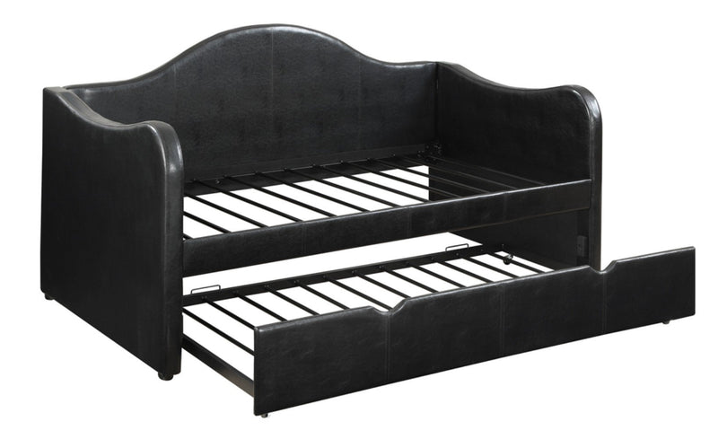 Illuninating Day Bed With Trundle,Pu Black-Daybeds-Black-Solid pine plywood Poplar wood faux leather-JadeMoghul Inc.