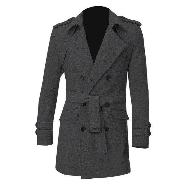 IMC Men Epaulets Slim Fit Double Breasted Belted Worsted Coat-Gray-XL-JadeMoghul Inc.
