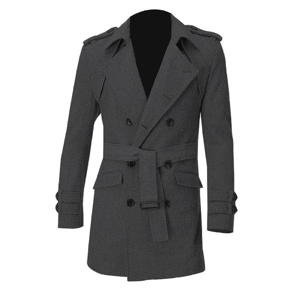 IMC Men Epaulets Slim Fit Double Breasted Belted Worsted Coat-Gray-XL-JadeMoghul Inc.