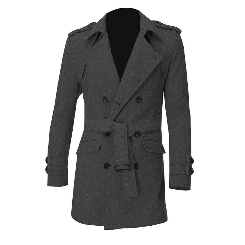 IMC Men Epaulets Slim Fit Double Breasted Belted Worsted Coat-Gray-XL-JadeMoghul Inc.