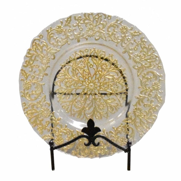 Impeccable Glass Charger Plates With Floral Patten, Clear And Gold-Charger Plates-Clear And Gold-GLASS-JadeMoghul Inc.
