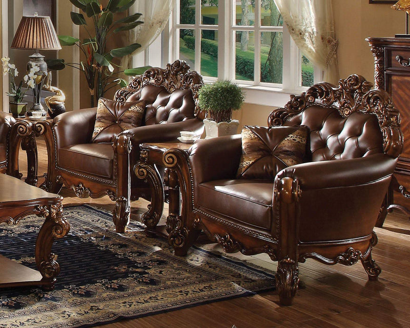 Imperial Looking Leather Tufted Chair with 1 Pillow in Cherry Brown-Accent Chairs-Brown-Wood and Leather-JadeMoghul Inc.