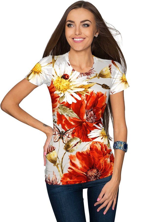 In The Wheat Field Zoe Floral Print Designer Tee - Women-In The Wheat Field-XS-Grey/Red/White-JadeMoghul Inc.