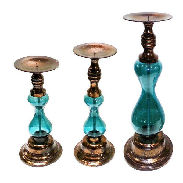 Incredible 3pc Glass Candle Holder - Benzara-Candleholders-Blue-Glass Metal-Shiny-JadeMoghul Inc.