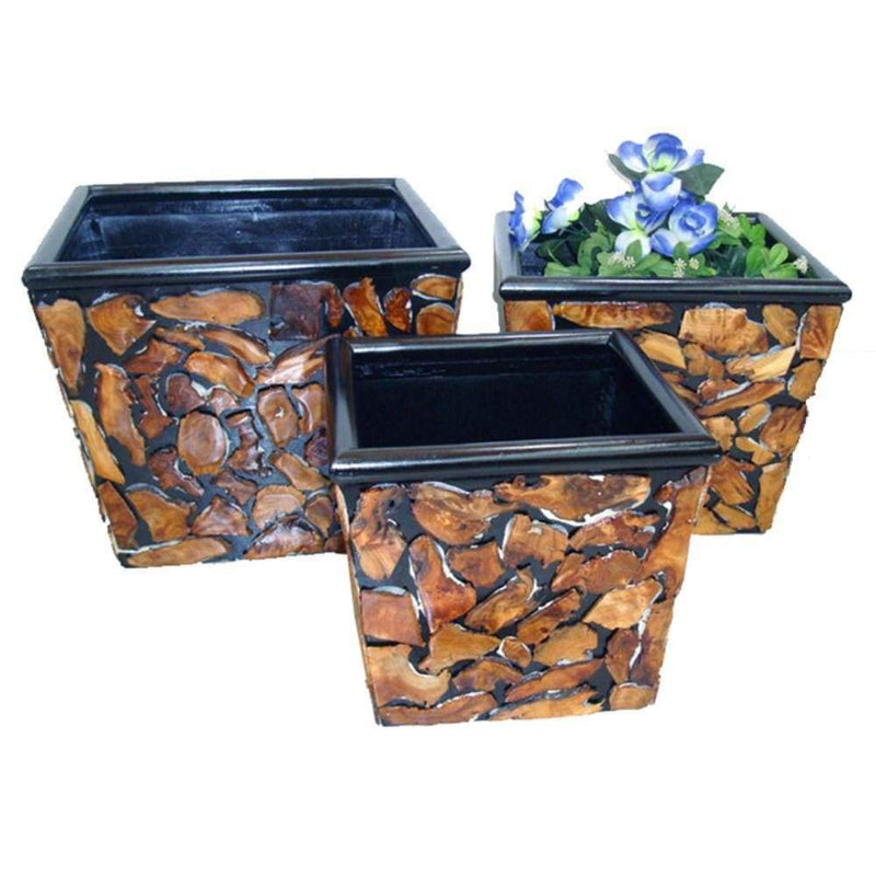 Indoor Pots and Planters Set Of 3 Wooden Planter, Brown And Black Benzara