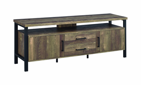 Industrial Design 58 Inch Wooden TV Console with Metal Legs and Open Shelf Storage, Brown-Media Storage Cabinets & Racks-Brown-Metal, MDF, Particle board-JadeMoghul Inc.