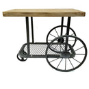 Industrial Design End Table With Wooden Top and Metal Wheels Base, Black and Brown-End Tables-Black and Brown-Metal and Wood-Sand Black-JadeMoghul Inc.