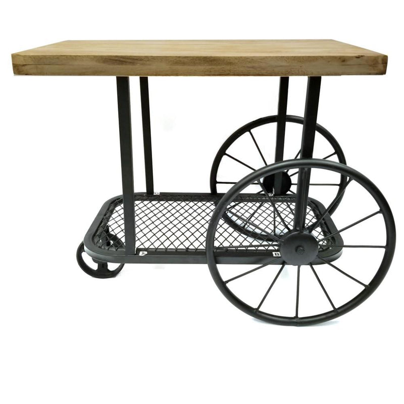 Industrial Design End Table With Wooden Top and Metal Wheels Base, Black and Brown-End Tables-Black and Brown-Metal and Wood-Sand Black-JadeMoghul Inc.