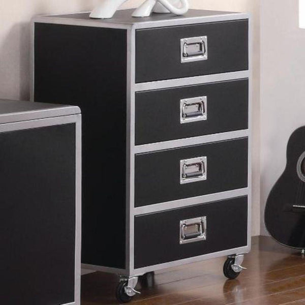 Industrial Drawer Chest With Casters Black And Silver-Accent Chests and Cabinets-Black And Silver-PLYWOOD-Black/ Silver-JadeMoghul Inc.