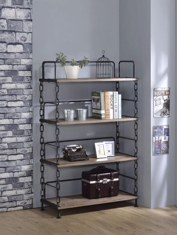 Industrial Looking Bookshelf, Rustic Oak & Antique Black-Utility Shelves-Brown & Black-PB PVC Veneer Metal Tube-JadeMoghul Inc.