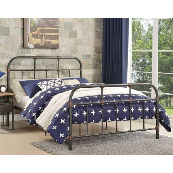 Industrial Pipe Detailed Metal Full Size Bed, Sandy Gray-Bedroom Furniture-Gray-Metal-JadeMoghul Inc.
