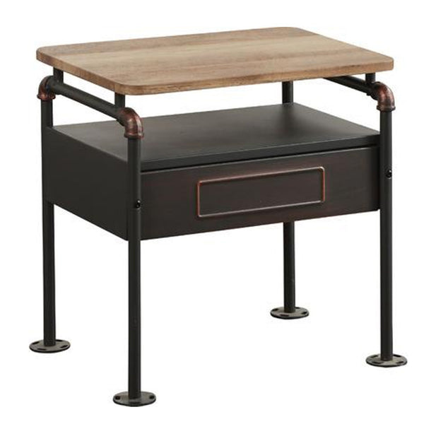 Industrial Pipe Detailed Nightstand With One Drawer And One Shelf, Antique Oak and Sandy Grey-Bedroom Furniture-Oak and Grey-Metal Wood-JadeMoghul Inc.