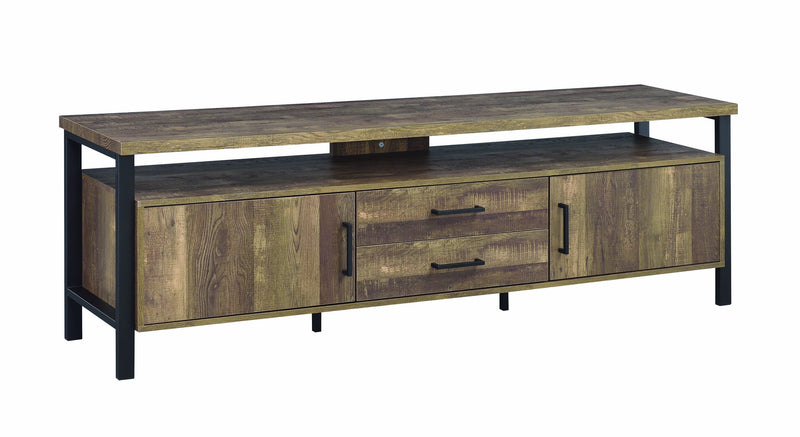 Industrial Style 70 inch Wooden TV Console with Metal Legs and Open Shelf Storage, Brown-Media Storage Cabinets & Racks-Brown-MDF, Metal, Particle Board-JadeMoghul Inc.
