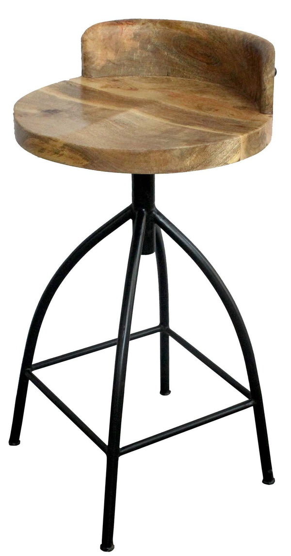 Industrial Style Adjustable Swivel Counter Height Stool With Backrest-Bar Stools-Brown and Black-Mango Wood and Iron-powder coated , wood-JadeMoghul Inc.