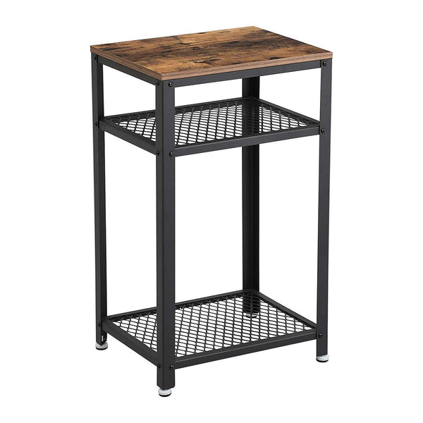 Industrial Style Iron and Wood Side Table with Two Tier Mesh Shelves, Black and Brown-Side & End Tables-Brown and Black-Particle Board and Metal-JadeMoghul Inc.