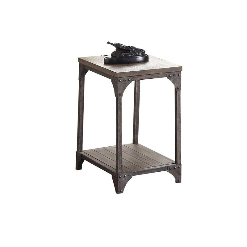 Industrial Style Metal and Wood Rectangular End Table, Oak Brown-Side and End Tables-Brown-Metal and Wood-JadeMoghul Inc.