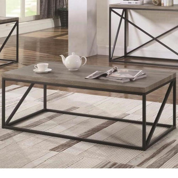 Industrial Style Minimal Coffee Table With Wooden Top And Metallic Base, Gray-Coffee Tables-Gray-Wood/Metal-JadeMoghul Inc.