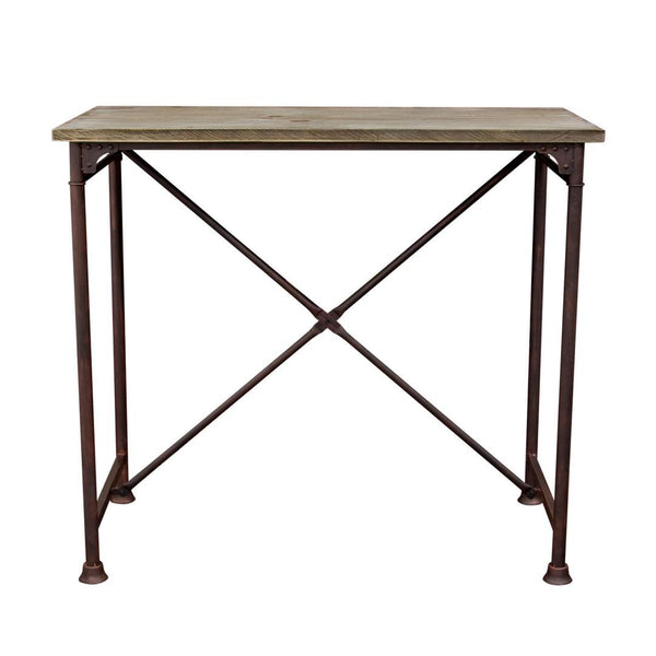 Industrial Style Pine Wood Rectangular Bar Table with Distressed Iron Base, Brown-Bar Stools & Tables-Brown-Pine Wood and Iron-JadeMoghul Inc.