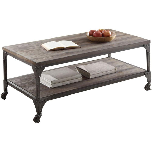 Industrial Style Rectangular Wood and Metal Coffee Table With Open Shelf, Gray-Coffee Tables-Gray-Metal and Wood-JadeMoghul Inc.