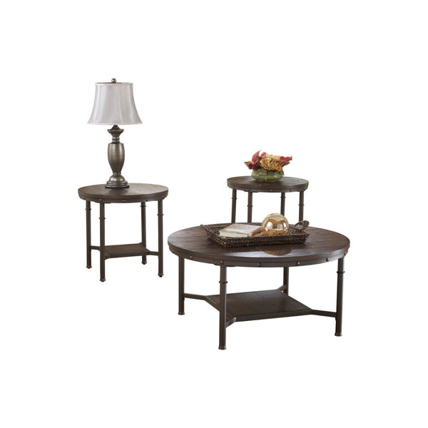 Industrial Style Round Wooden Table Set with Tubular Metal Base, Set of Three, Brown and Gray-Accent Tables-Brown and Gray-Wood-JadeMoghul Inc.
