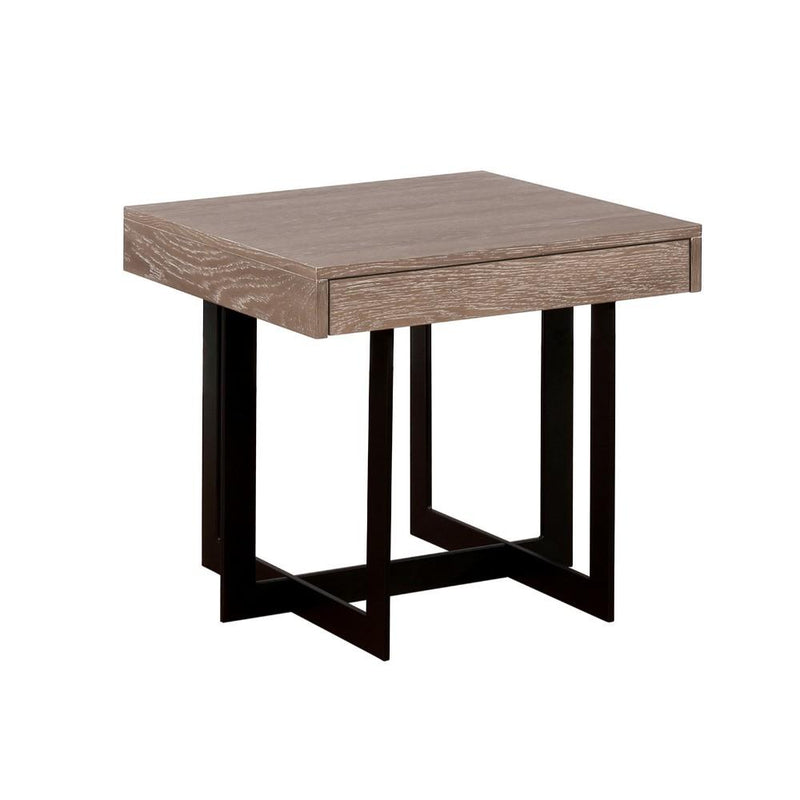 Industrial Style Solid Wood End Table with One Drawer and Metal Base, Brown and Black-Side and End Tables-Brown and Black-Solid Wood and Metal-JadeMoghul Inc.