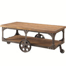 Industrial Style Solid Wooden Coffee Table With Metal Accents & Wheels, Brown-Coffee Tables-Brown-Wood/Metal-JadeMoghul Inc.