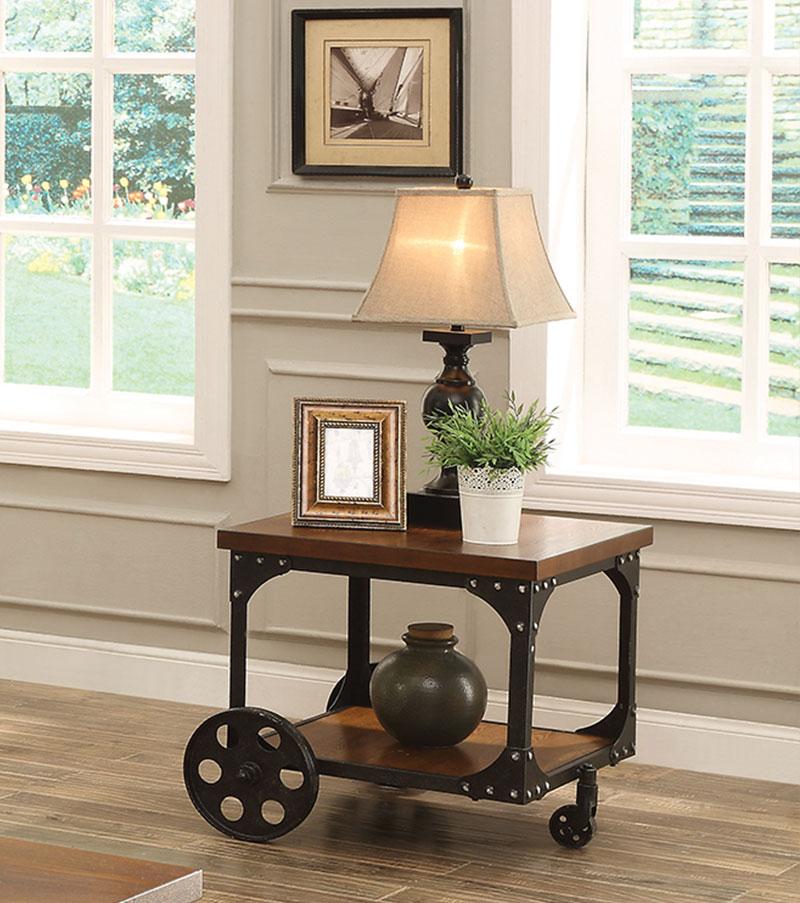 Industrial Style Solid Wooden End Table With Metal Accents & Wheels, Brown-End Tables-Brown-Wood/Metal-JadeMoghul Inc.