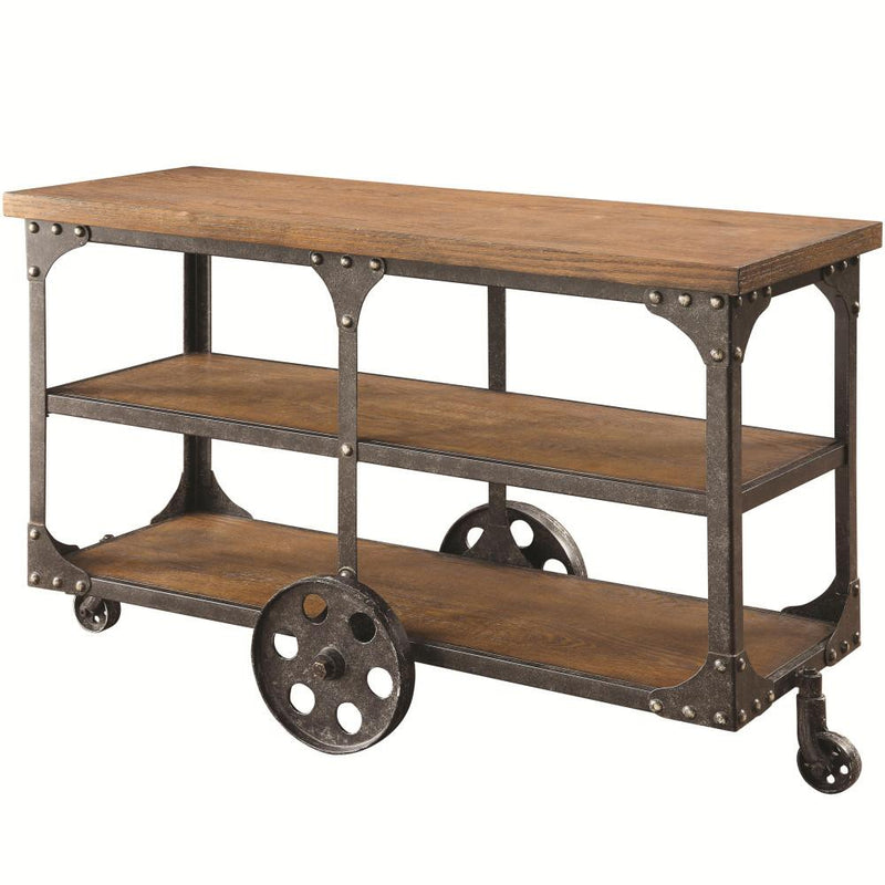 Industrial Style Solid Wooden Sofa Table With Metal Accents & Wheels, Brown-End Tables-Brown-Wood/Metal-JadeMoghul Inc.