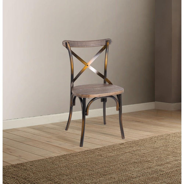Industrial Style Wood and Metal Armless Side Chair, Brown and Copper-Accent Chairs-Brown and Copper-Metal and Wood-JadeMoghul Inc.