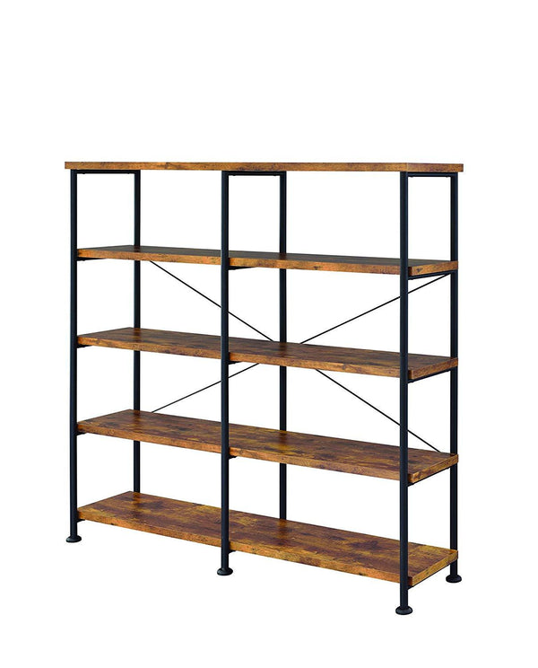 Industrial Style Wood and Metal Open Bookcase, Brown-Book Cases-Brown-Wood and Metal-JadeMoghul Inc.