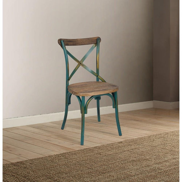 Industrial Style Wooden and Metal Frame Side Chair, Brown and Turquoise-Accent Chairs-Brown and Blue-Metal and Wood-JadeMoghul Inc.